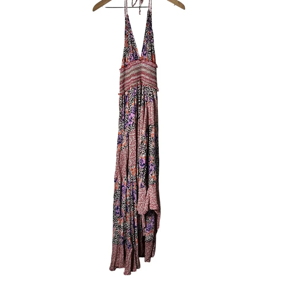Free People Maxi Dress Women Medium Multicolor Floral Leopard Halter Festival